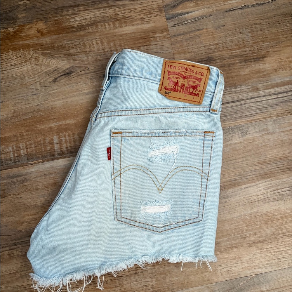 Levi's Light Blue Frayed Denim Shorts